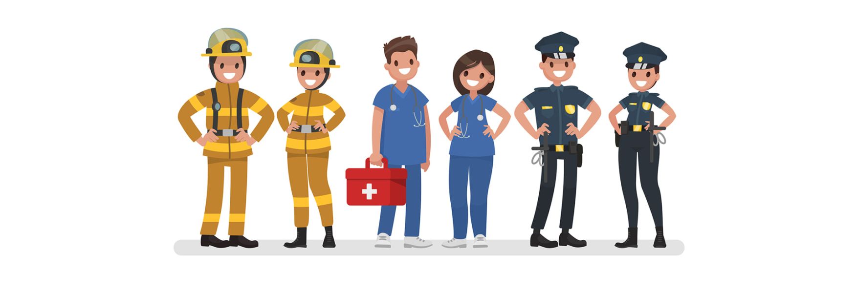 Comicfiguren Einsatz und Rettungskräfte von der Feuerwehr, Krankenhauspersonal und Polizei